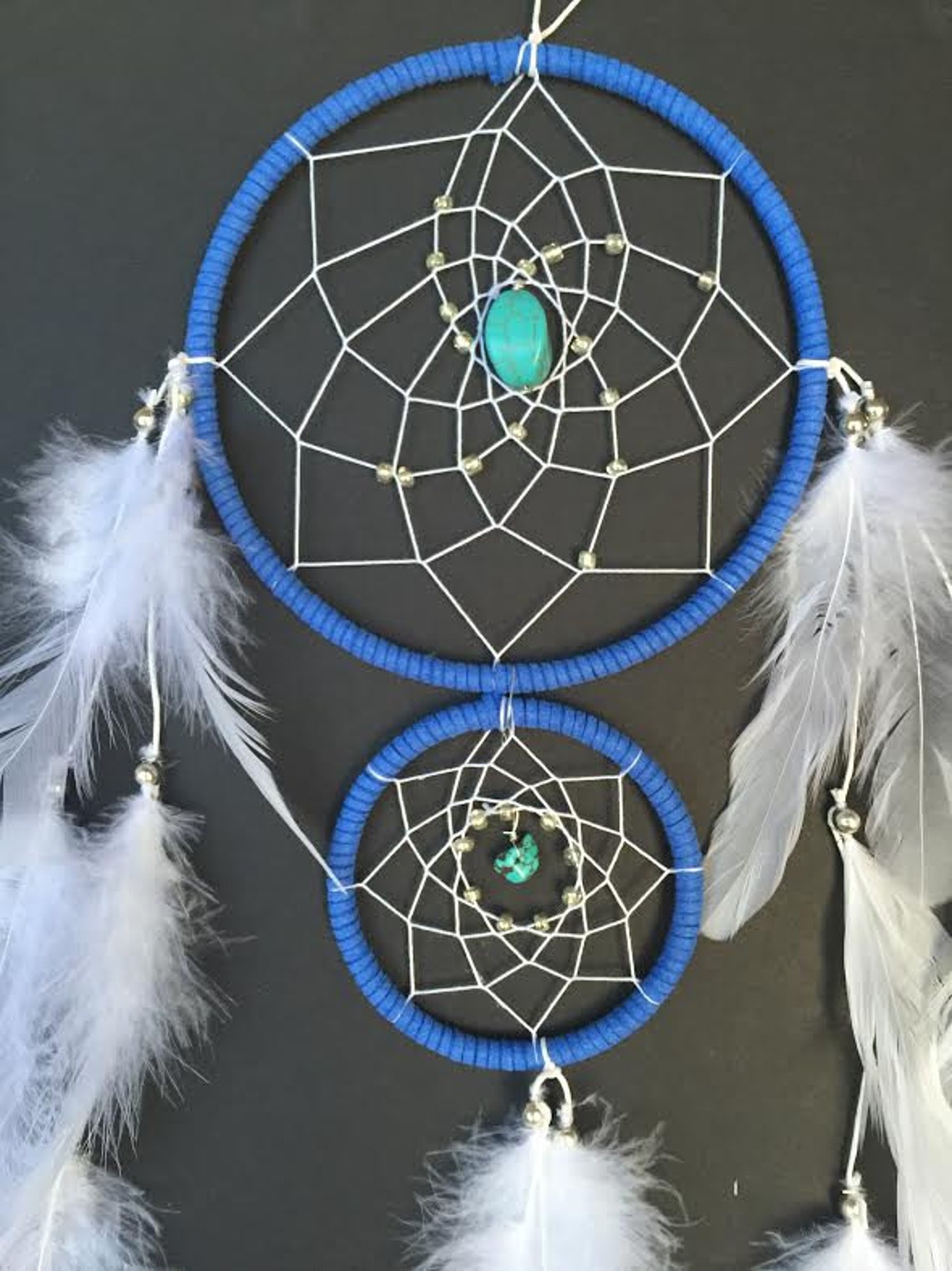 Dream Catcher With Double Rings Blue and White With Turquoise - Etsy UK