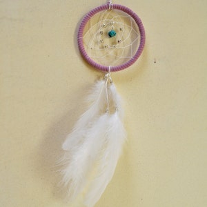 Dream Catcher for Car Mirror Pink Lilac, Turquoise Stone, White Feathers image 1