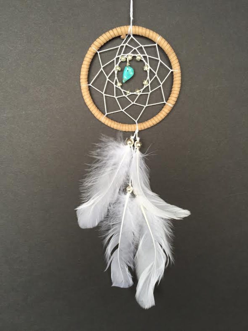 Dream Catcher for Car Mirror Brown, White, and Turquoise Stone image 1