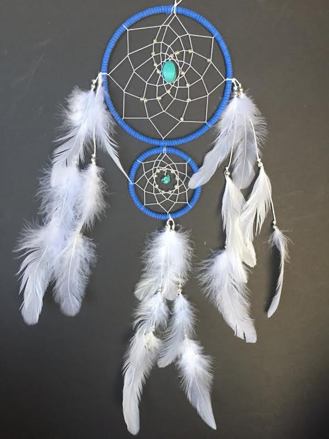 Dream Catcher With Double Rings Blue and White With Turquoise, Perfect