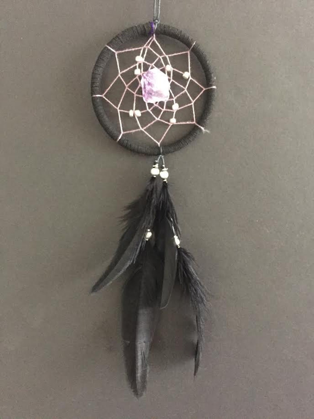 Dream Catcher for Car Mirror, Black and Purple With Amethyst, Small