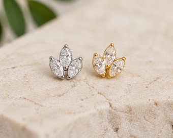 16G ASTM F136  Titanium Marquise CZ Cartilage Stud, Flat Back Earring, Helix Tragus Conch Jewelry
