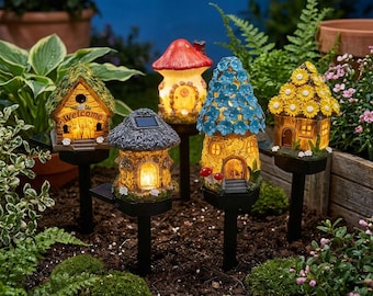 Solar Mushroom House Garden Light, Outdoor LED Stake Lamp, Whimsical Fairy Garden Decor, Automatic Pathway Lighting for Patio and Yard Art