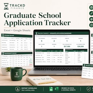 Puede incluir: Un rastreador digital de solicitudes de posgrado para Excel y Google Sheets que se muestra en la pantalla de una computadora portátil. El panel presenta tablas de datos para el seguimiento de programas, ensayos y decisiones.