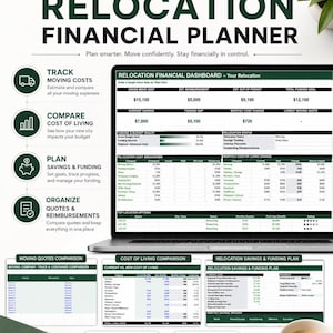Könnte beinhalten: Eine digitale Finanzplanungs-Tabelle für Umzüge auf einem Laptop-Bildschirm mit Bereichen zur Nachverfolgung von Umzugskosten, zum Vergleich der Lebenshaltungskosten, zur Sparplanung und zur Organisation von Angeboten.