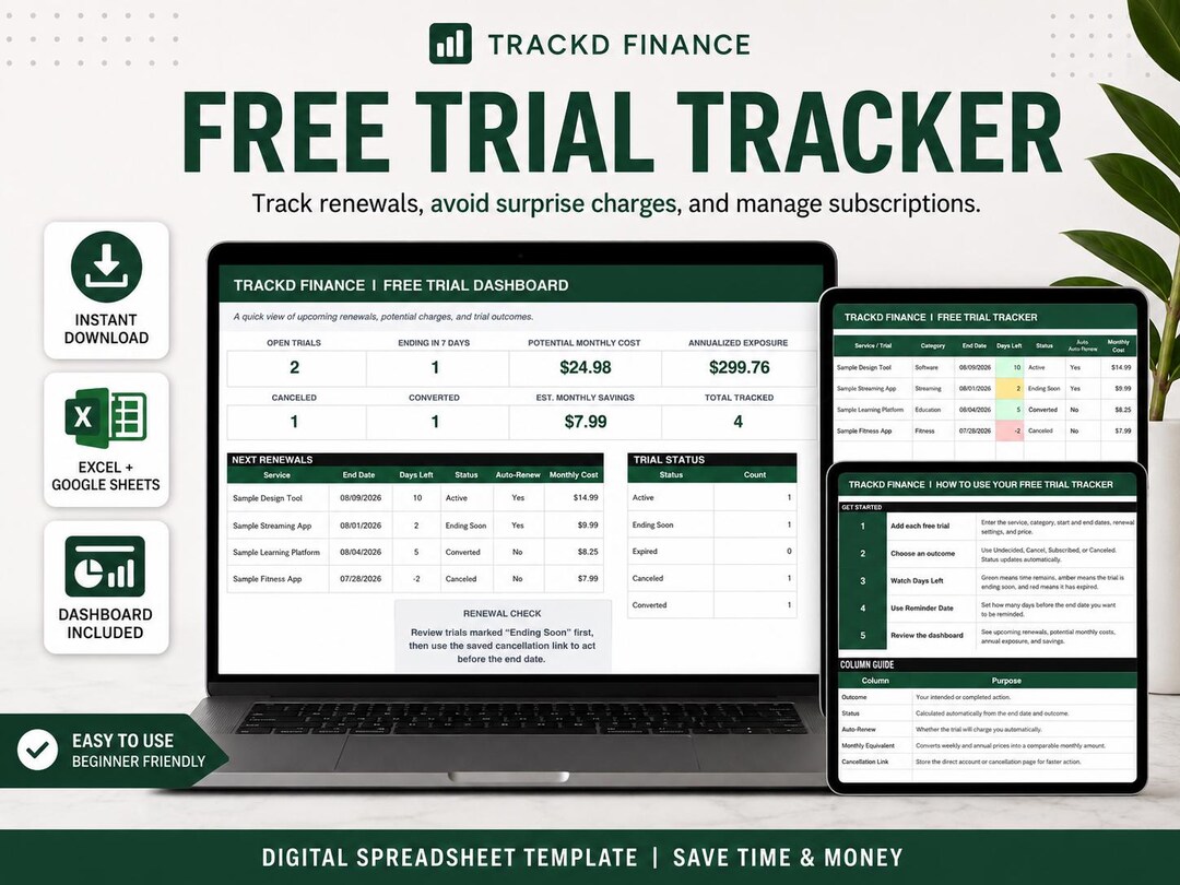 Free Trial Tracker Spreadsheet | Subscription Renewal Cancellation ...
