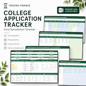 May include: A digital college application tracker spreadsheet template for Microsoft Excel and Google Sheets. The interface features dark green headers, white backgrounds, and organized tables for tracking applications, deadlines, costs, and scholarships.