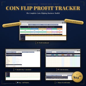 Könnte beinhalten: Ein digitales Produkt namens "COIN FLIP PROFIT TRACKER" mit dem Text "The Complete Coin Flipping Business Toolkit." Das Bild zeigt Screenshots einer Excel-Tabelle mit Registerkarten wie "Profit Dashboard" und "Coin Inventory." Das Produkt enthält "5 SHEETS INCLUDED" und ist für "$14.99" erhältlich.