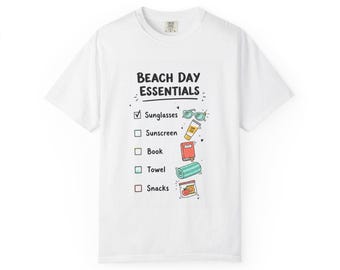Beach Day Essentials Checkliste T-Shirt | Sonnenbrille Sonnencreme Buch Handtuch Snacks