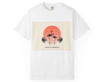 Flamingo Sonnenuntergang T-Shirt | Strand-Palmen-Silhouette, Retro Sun