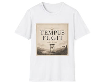 Camiseta con ilustración de reloj de arena Tempus Fugit / tipografía vintage, paisaje en sepia