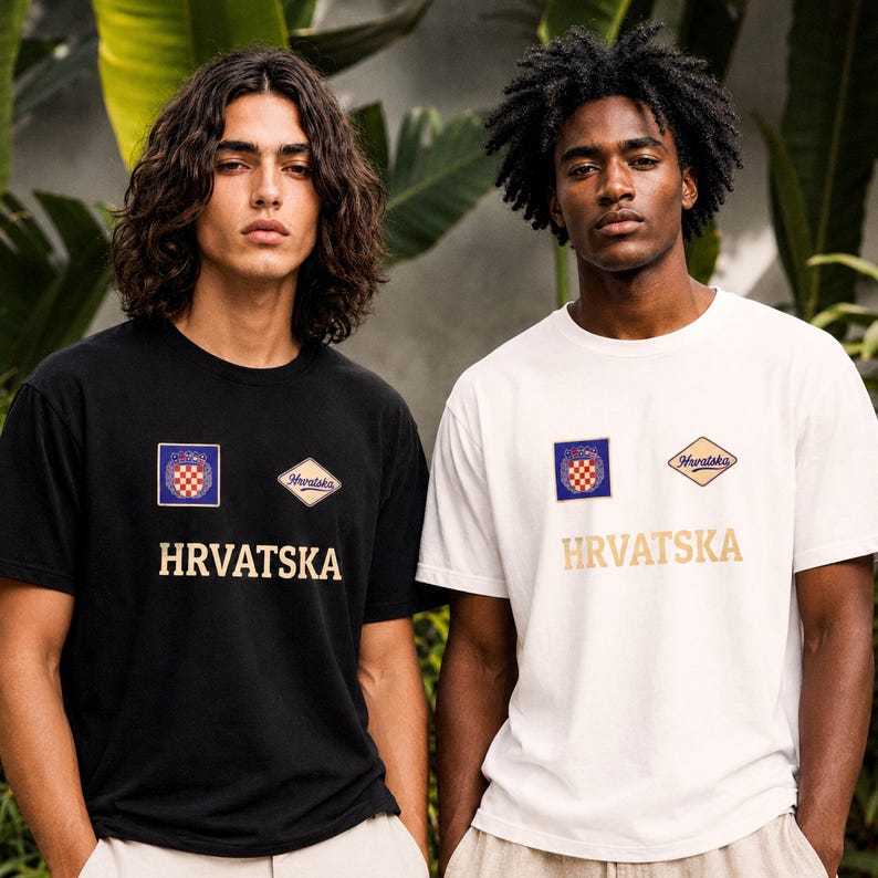Two models wearing Croatia-inspired graphic T-shirts in a tropical outdoor setting, one in black and one in white. The minimal front design features a checkerboard-style crest, a small diamond Hrvatska badge, and bold HRVATSKA lettering. This lifestyle image helps shoppers see the unisex fit, chest print scale, color contrast, and relaxed summer styling for football fans, Balkan heritage gifts, World Cup watch parties, and casual outfits.
