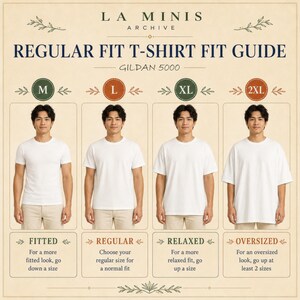 K&ouml;nnte beinhalten: Ein T-Shirt-Gr&ouml;&szlig;enleitfaden f&uuml;r regul&auml;re Passformen von La Minis Archive f&uuml;r Gildan 5000. Die Grafik zeigt vier wei&szlig;e T-Shirts in den Gr&ouml;&szlig;en M, L, XL und 2XL, die die Passformen k&ouml;rpernah, regul&auml;r, locker und oversized mit Text beschreiben.