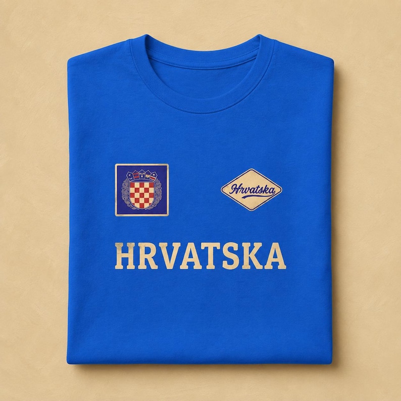 Royal blue unisex T-shirt mockup showing a minimal Croatia football fan design on a folded shirt. The front artwork uses a compact checkerboard-style crest, a vintage Hrvatska badge, and bold cream HRVATSKA text for a retro supporter look. The image shows the shirt color, print contrast, collar, fabric surface, and simple chest placement, making it helpful for shoppers comparing Croatia-themed match day and casual streetwear options.