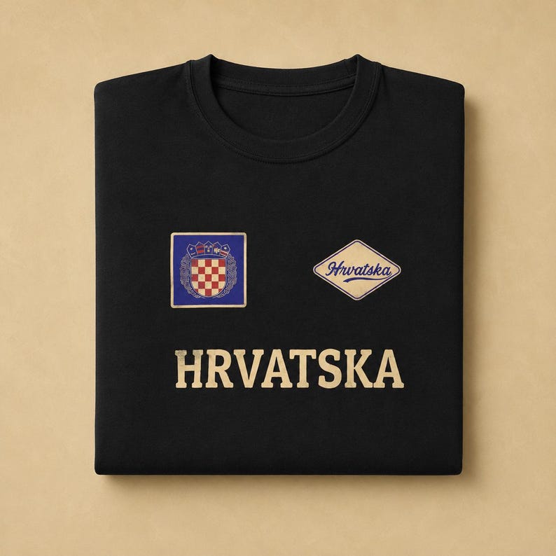 K&ouml;nnte beinhalten: Ein schwarzes T-Shirt mit Rundhalsausschnitt, das ein goldenes Wappen mit rot-wei&szlig;em Karomuster in einem blauen Quadrat, einen rautenf&ouml;rmigen Aufn&auml;her mit dem Text Hrvatska und das Wort HRVATSKA in gro&szlig;en goldenen Buchstaben darunter zeigt.