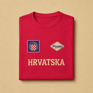 Red unisex cotton T-shirt mockup featuring a minimal Hrvatska football fan design on the front. The artwork includes a Croatian checkerboard-style crest, a vintage diamond Hrvatska badge, and bold cream HRVATSKA lettering across the chest. The folded product photo clearly shows the print placement, shirt texture, collar shape, and clean retro supporter style for Croatia football fans, World Cup season, travel outfits, and everyday wear.