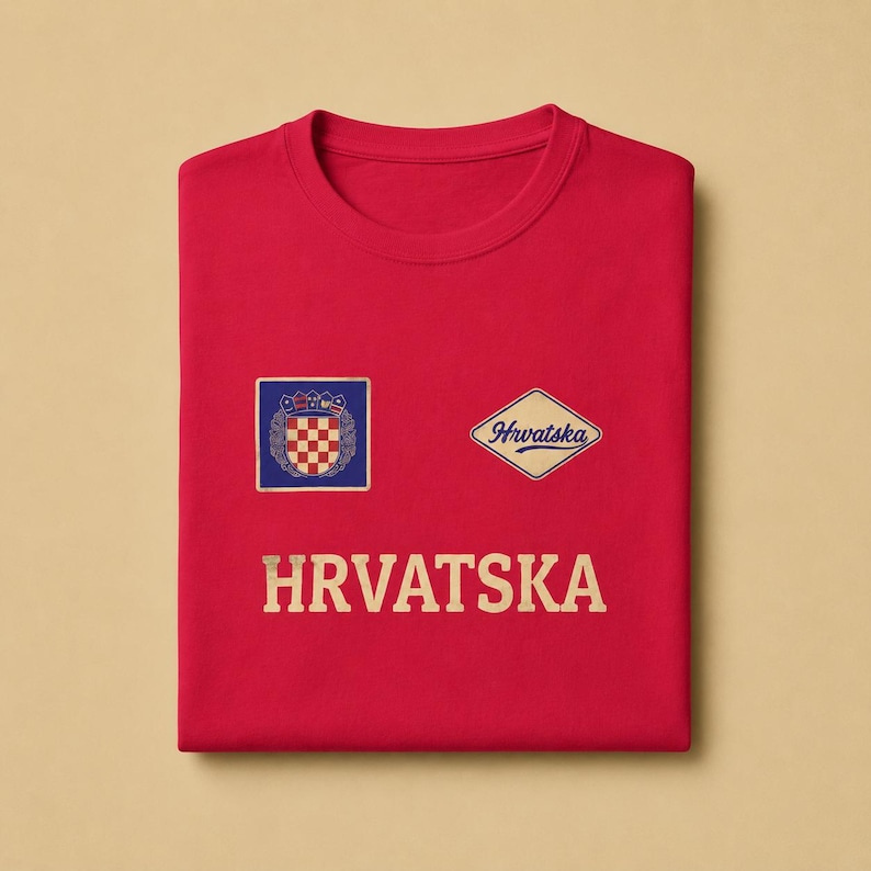 Red unisex cotton T-shirt mockup featuring a minimal Hrvatska football fan design on the front. The artwork includes a Croatian checkerboard-style crest, a vintage diamond Hrvatska badge, and bold cream HRVATSKA lettering across the chest. The folded product photo clearly shows the print placement, shirt texture, collar shape, and clean retro supporter style for Croatia football fans, World Cup season, travel outfits, and everyday wear.