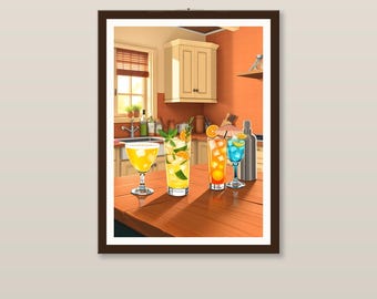 Lámina decorativa de cócteles vintage para la cocina / Decoración de pared con temática de cócteles