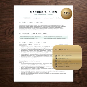May include: A resume for Marcus T. Chen, a Senior Software Engineer, is displayed. The document includes a professional summary, certifications, professional experience, and a list of skills. A gold-colored graphic on the right lists resume features.