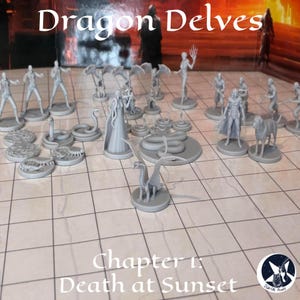May include: A selection of grey miniature figurines, including dragons, snakes, and humanoids, arranged on a grid-patterned surface. The text "Dragon Delves" and "Chapter 1: Death at Sunset" are visible. The miniatures appear to be for a tabletop game.