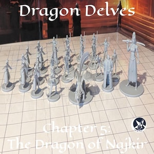 May include: A selection of grey miniature figurines, including a dragon and various humanoid characters, arranged on a grid-patterned surface. The text "Dragon Delves" and "Chapter 5: The Dragon of Najkir" are visible.