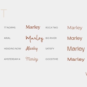 May include: A font selection chart displaying the name Marley in various typefaces including TT Norms, Roca Two, Montserrat, Arial, Big River, Poppins, Heading Now, Satisfy, Amsterdam 4, Goodtime, and Halvar. The text Weenielab Made in Italy is at the bottom.
