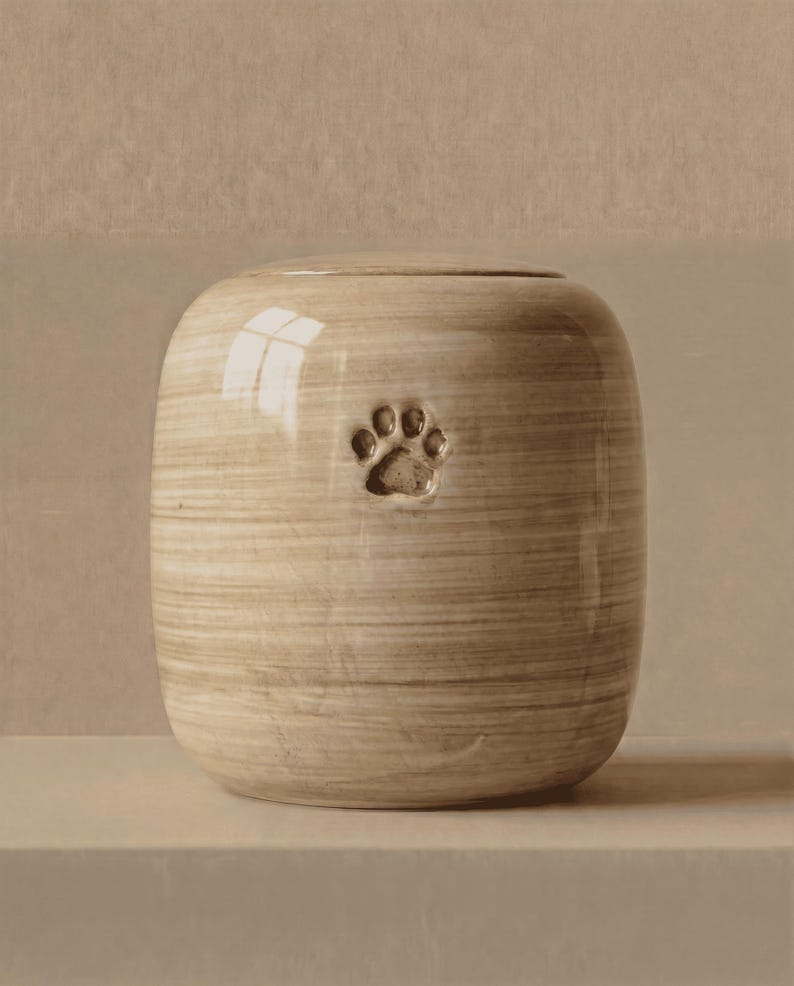 May include: A cylindrical ceramic urn with a glossy, light beige finish featuring horizontal brushstroke textures. The front of the vessel displays a single, centered, debossed paw print indentation. The urn has a smooth, rounded top lid.