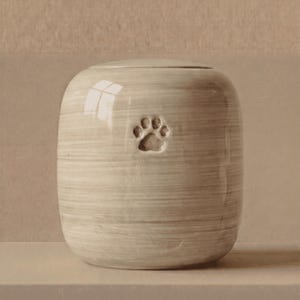 May include: A cylindrical ceramic urn with a smooth, glossy finish in a light beige tone featuring horizontal brushstroke textures and a single embossed paw print centered on the front surface, topped with a matching rounded lid.
