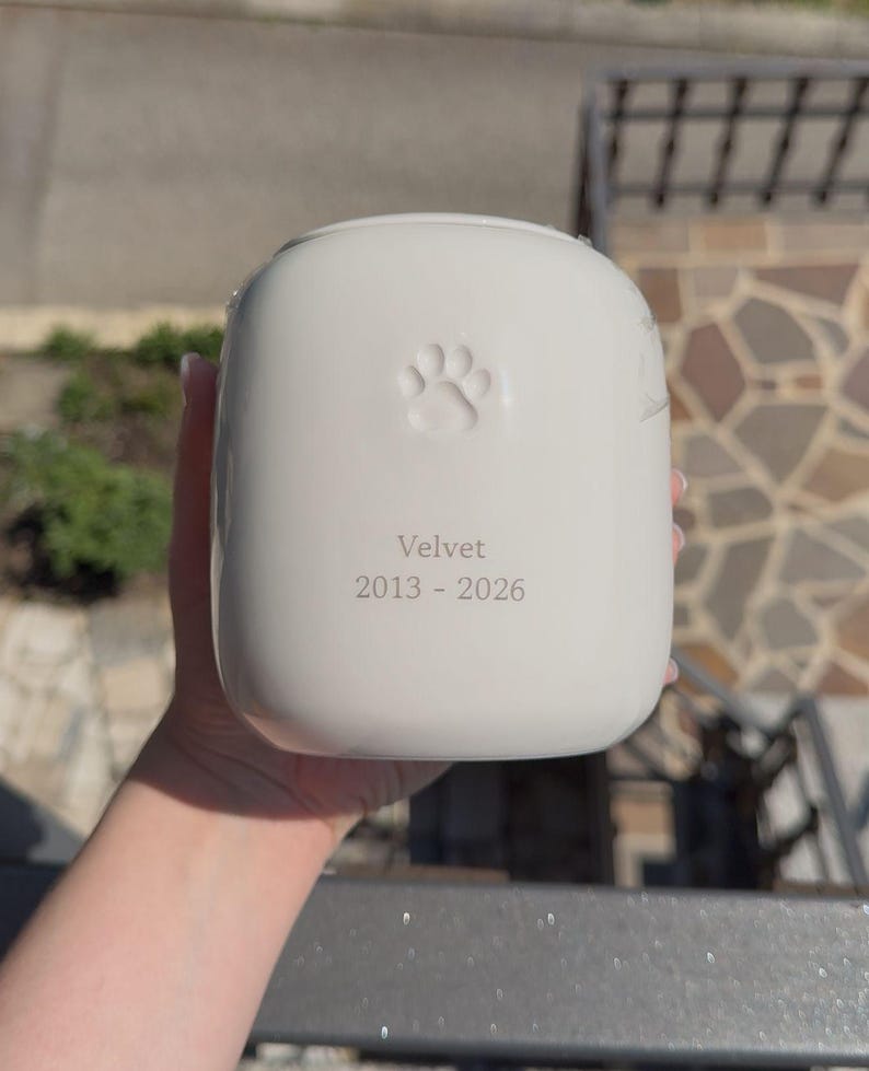 May include: A smooth, off-white ceramic urn with a rounded rectangular shape. The front features an embossed paw print centered above the engraved text "Velvet" and the years "2013 - 2026" in a simple, dark, sans-serif font.