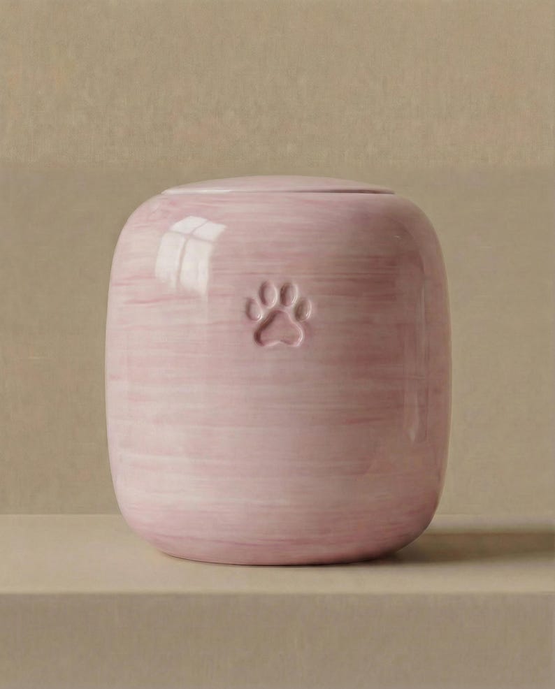 May include: A cylindrical ceramic urn with a soft pink, hand-painted finish featuring horizontal brushstroke textures. The front of the vessel displays a single, embossed paw print centered in the upper portion, topped with a matching rounded lid.