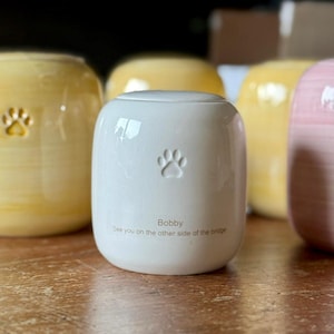 May include: A white ceramic urn with a smooth, glossy finish. The front features an embossed paw print above the text "Bobby" and "See you on the other side of the bridge." The cylindrical container has a rounded top and a flat base.