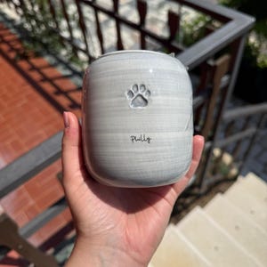 May include: A cylindrical ceramic mug with a light gray, brushed-texture finish. The front features a small, embossed paw print icon centered above the word "Philly" written in a simple, black, lowercase script font. The mug has a smooth rim.
