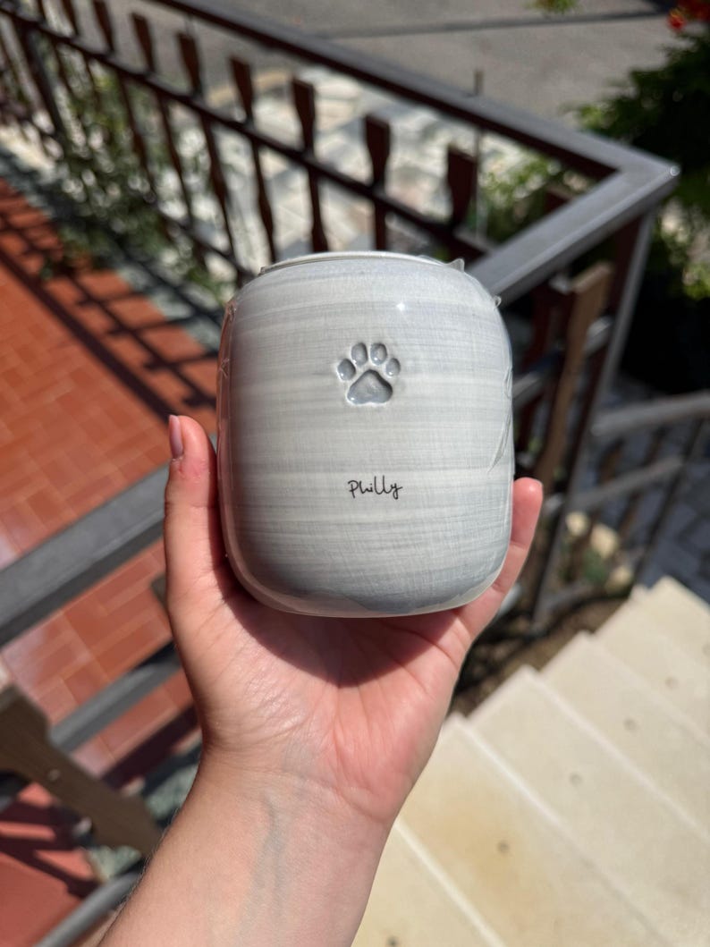 May include: A cylindrical ceramic mug with a light gray, brushed-texture finish. The front features a small, embossed paw print icon centered above the word "Philly" written in a simple, black, lowercase script font. The mug has a smooth rim.