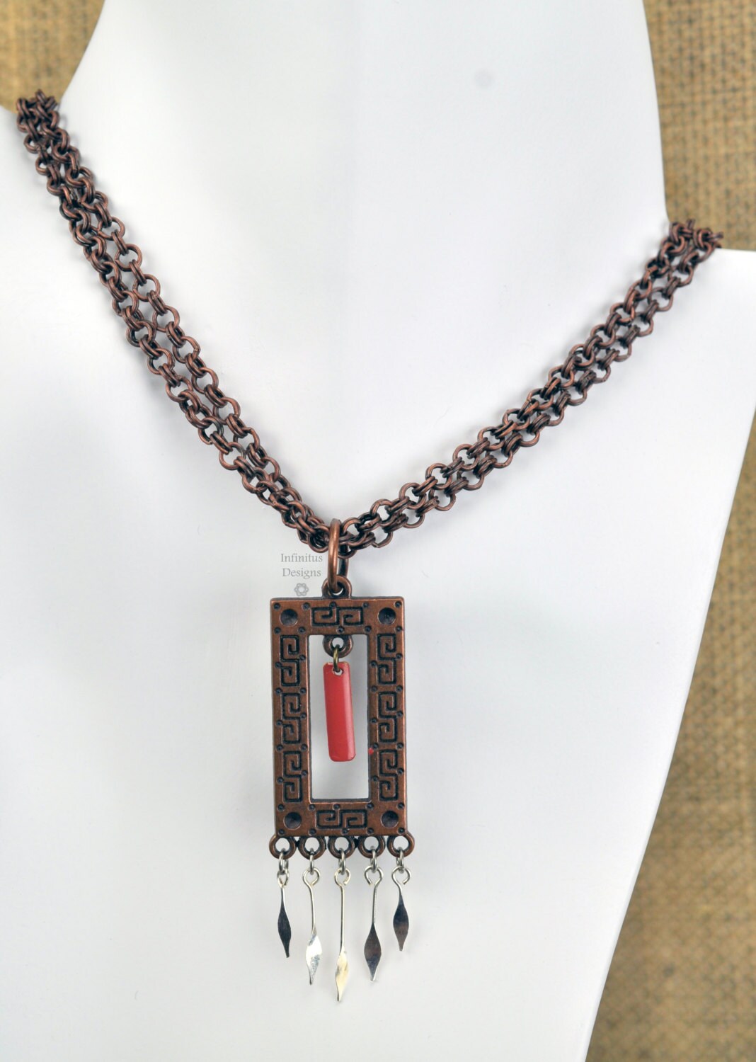Copper Greek Key Art Deco Chainmail Double Chain Pendant | Etsy