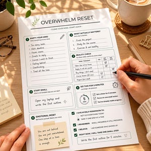 May include: A printed white paper titled "OVERWHELM RESET" with sections for task management and self-reflection. Includes a coffee mug, glasses, and a sticky note with text. A hand is writing on the paper with a pen.
