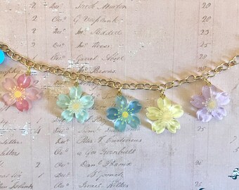 Luminous Flowers Charm Bracelet Gold plated over Stainless Steel Kawaii 7.5 inches Floral Pastel