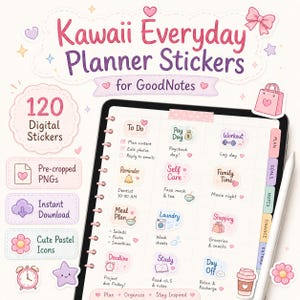 Może przedstawiać: Cyfrowe naklejki do planera w stylu kawaii, z pastelowymi kolorami i uroczymi ikonami. Obraz zawiera tablet z różnymi kategoriami naklejek, takimi jak "To Do", "Self Care" i "Shopping". Tekst brzmi "Kawaii Everyday Planner Stickers for GoodNotes."
