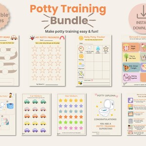 Peut inclure: Ensemble de neuf pages imprimables pour l'apprentissage de la propreté, comprenant des tableaux, des coupons de récompense et un diplôme. L'ensemble présente des illustrations colorées et le texte "Potty Training Bundle".