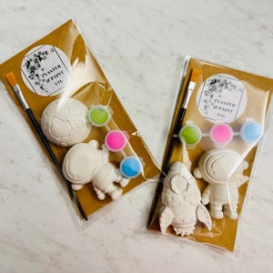 Peut inclure: Deux kits de loisirs créatifs sous emballage plastique transparent, contenant chacun un pinceau, trois petits pots de peinture vert, rose et bleu, et des figurines en plâtre blanc. Un kit inclut une planète et un astronaute, l'autre une fusée.