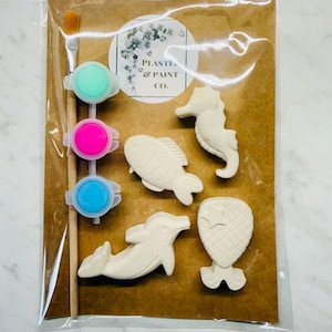 May include: A craft kit in a clear plastic bag containing four white plaster figures shaped like a seahorse, a fish, a dolphin, and a mermaid tail. It includes a wooden paintbrush and three small paint pots in mint, pink, and blue, with a label reading Plaster & Paint Co.