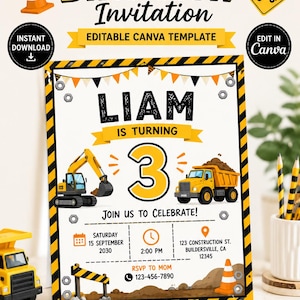 Puede incluir: Invitación de cumpleaños con temática de construcción, con el nombre "Liam" y el número "3". El diseño incluye vehículos de construcción, un cono de tráfico y el texto "¡Únete a nuestra celebración!"