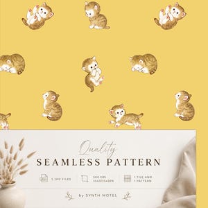 Vintage Kitten Seamless Pattern – Yellow Cat Digital Paper JPG