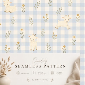 Mini Goat Gingham Pattern – Farm Animal Nursery Digital Paper
