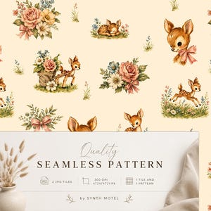 Peut inclure: Un motif sans couture illustrant des faons, des bouquets de fleurs et des rubans roses sur fond crème. Le texte superposé indique Quality SEAMLESS PATTERN, 2 JPG FILES, 300 DPI, 4724/4724 PX, 1 TILE AND 1 PATTERN, by SYNTH MOTEL.