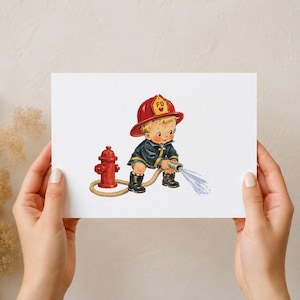 May include: A vintage-style illustration on a white card featuring a young child dressed as a firefighter in a red helmet with FD text, a dark blue coat, and black boots. The child holds a hose connected to a red fire hydrant spraying water.