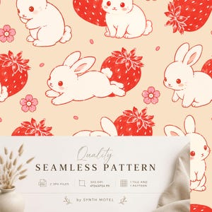 Peut inclure: Un motif sans couture avec des lapins blancs, des fraises rouges et des fleurs roses sur un fond pêche clair. Le texte superposé indique Quality SEAMLESS PATTERN, 2 JPG FILES, 300 DPI, 4724/4724 PX, 1 TILE AND 1 PATTERN, by SYNTH MOTEL.