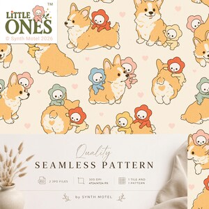 Peut inclure: Un motif numérique répétitif représentant des chiens corgis illustrés et de petits personnages portant des capuches en forme de fleurs rouges, jaunes et bleues. Le design inclut des petits cœurs roses sur fond crème avec le texte LITTLE ONES et Synth Motel 2026.