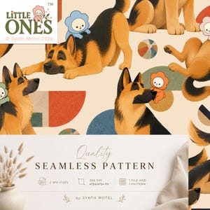 Peut inclure: Un motif sans couture avec des chiens bergers allemands et de petits personnages à tête de fleur sur un fond crème. Le texte indique LITTLE ONES, Quality SEAMLESS PATTERN, 300 DPI, 4724/4724 PX, 2 JPG FILES, 1 TILE AND 1 PATTERN, by SYNTH MOTEL.