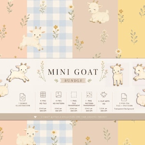 Peut inclure: Un ensemble d'art numérique avec des illustrations de chèvres, des motifs floraux et des fonds à motifs. Le texte indique "MINI GOAT BUNDLE" avec des détails sur les types de fichiers et les résolutions. Les couleurs sont douces et pastel.
