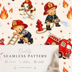 Peut inclure: Un motif sans couture avec des illustrations vintage de pompiers, de camions de pompiers et d'un chiot dalmatien. Le motif comprend des camions de pompiers rouges, des flammes et des étoiles sur un fond crème. Le texte "Quality SEAMLESS PATTERN" est également inclus.